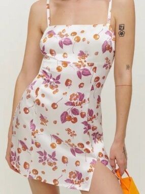 Reformation Jasmin Fruit Print Silk Satin Mini Slip Dress Parfait Sz 2 Cherries